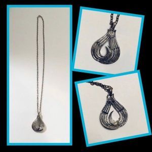 Vintage Boho Teardrop Pendant 14”; 1960s/1970s Silvertone Openwork Necklace